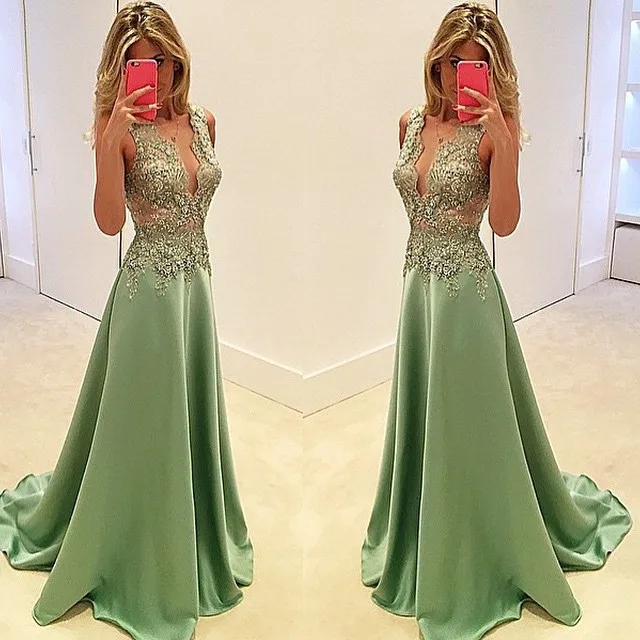 

free shipping custom-made v-neck green satin a-line appliques long prom dresses 2015 New fashion hot sexy party evening gowns