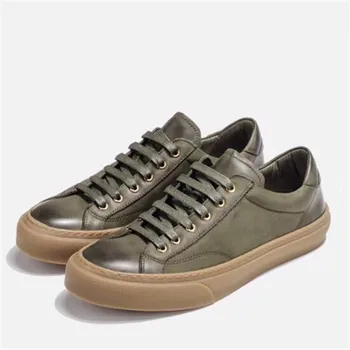 

Retro Army Green genuine leather Little flat casual Shoes Lace Up trainer sneakers comfortable leather Shoes