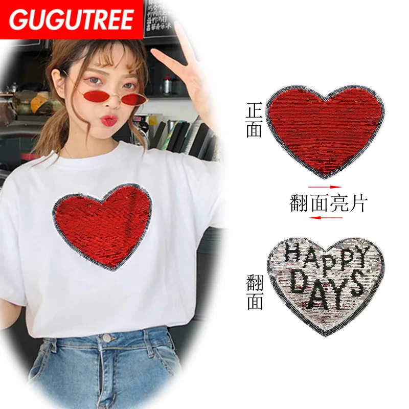 

GUGUTREE embroidery Sequins big love heart patches happy patches badges applique patches for clothing XC-192