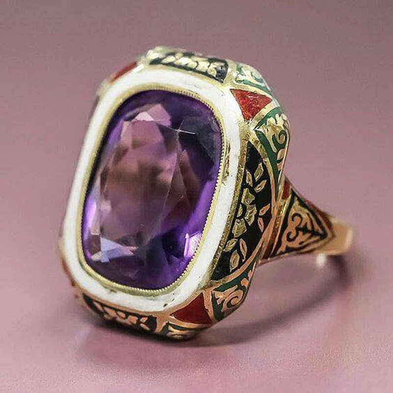 

Vintage Ethnic Purple Zircon Antique Ring Oval Engagement Wedding Rings For Women Boho Tribal Pattern Gold Color Jewelry O5M271