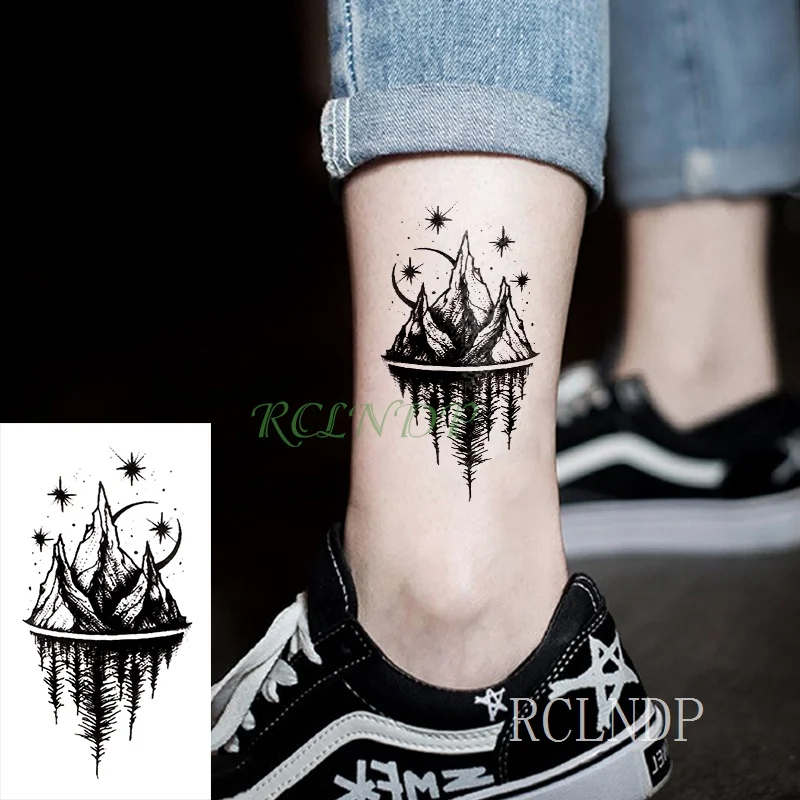 Водостойкие временные тату наклейки луна Хилл лес звезда поддельные тату флэш-тату боди арт рука ноги для девушек женщин мужчин - Цвет: Монохромный