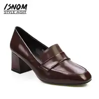 ISNOM Patent Leather Women Shoes Neutral Square toe Thick Heels Pumps Genuine Leather Pumps Office Female Footwear Brown Black