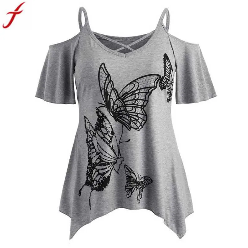 Женские рубашки-туники большого размера,, сексуальная блуза с принтом бабочки спереди, с открытыми плечами, с коротким рукавом, топы, Блузка camisa#4