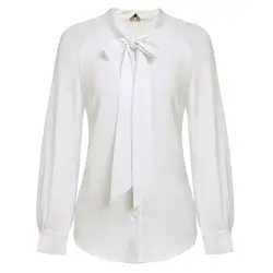 Элегантные женские осенние блузки с длинным рукавом белая блузка Офисная женская шифоновая блуза с бантом на шнуровке Топы Blusas Femininas