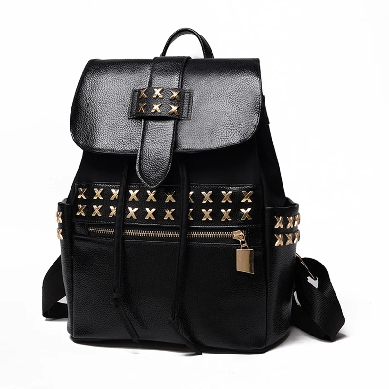new fashion casual pu leather school bags Black high quality rivets