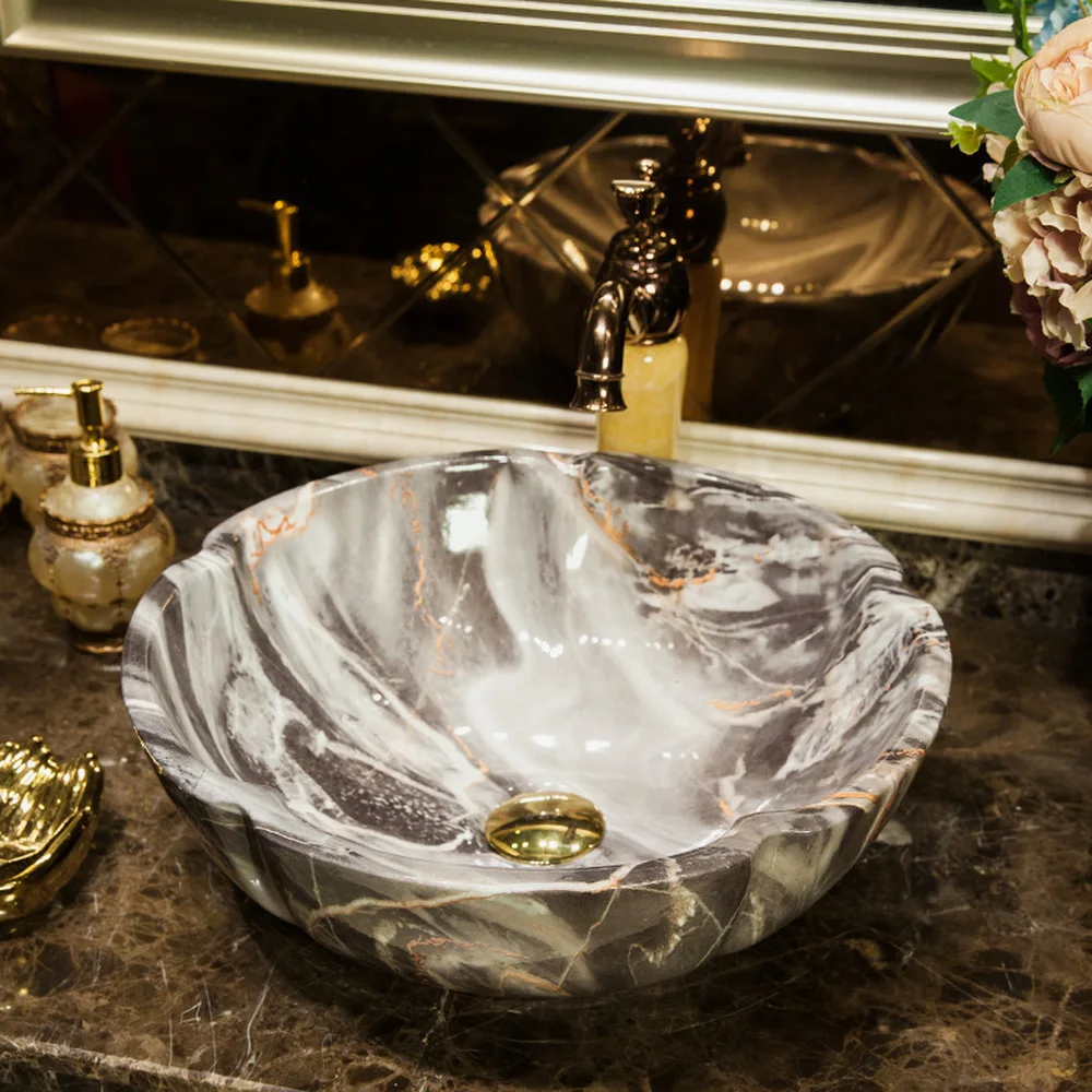 

Marble Simple Ceramic Wash Basin Art Washbasin Wash Basin Above Counter Basin Round Grey Gold Petal LO6221141
