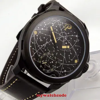 

new arrive 44mm mens parnis constellation stainless black PVD Case Leather Sapphire glass Luminous 6498 hand Winding uhr Watch