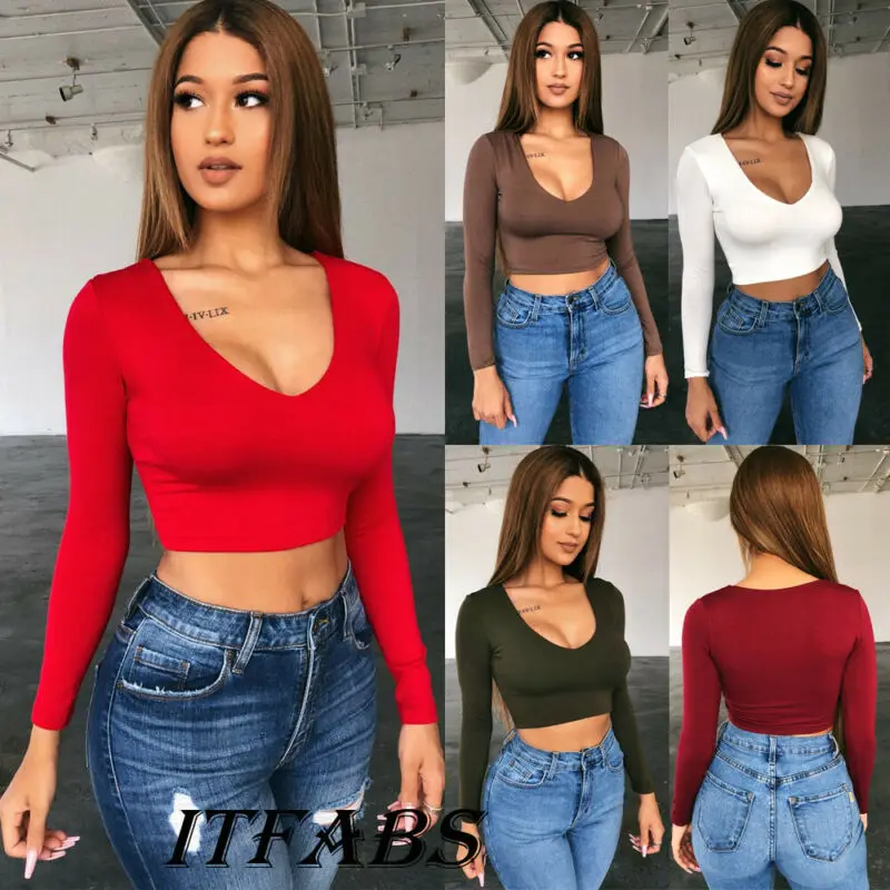 

HIRIGIN Womens Slim Bottom Long Sleeve TShirt Crop Tops Sexy Lady Basis Short Tee