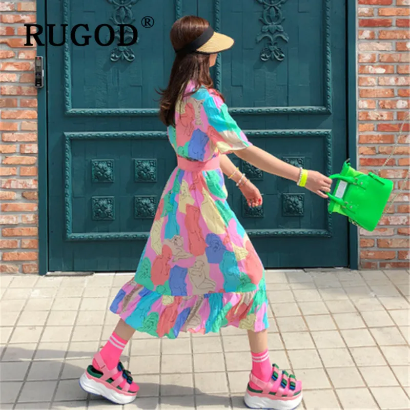 RUGOD Korean chici geometric printed women dress Elegant peter pan collar sweet ladies party dressss vestido Fashion pink dress