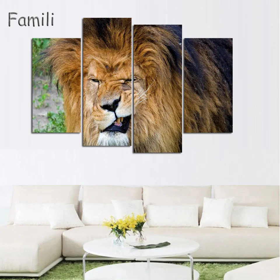 4 Piece Animals Lion Canvas Painting modern Hanging Art King wall art for living room Abstract artwork painted on | Дом и сад