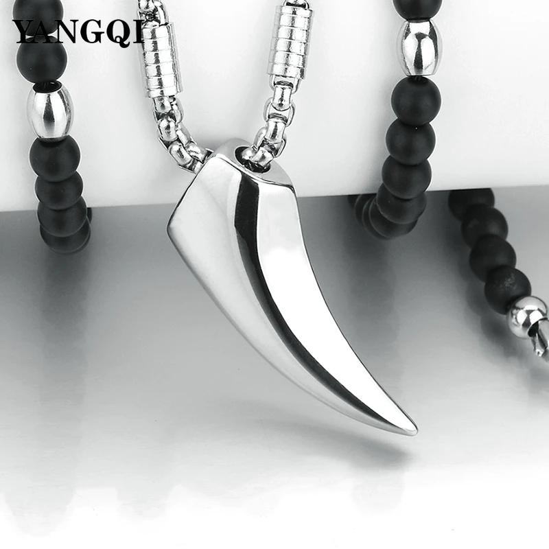 Norse Vikings Wolf Teeth Pendant Necklaces Silver Stainless Steel Chain Black Stone Strand Beads Necklaces Ethnic Jewelry Men