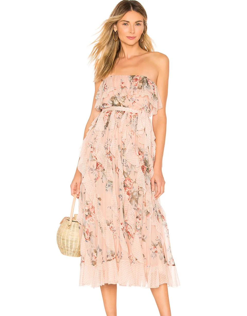 

Women Elasticated Neckline Peach Floral print Bowie Waterfall Dress Strapless Midi Dress