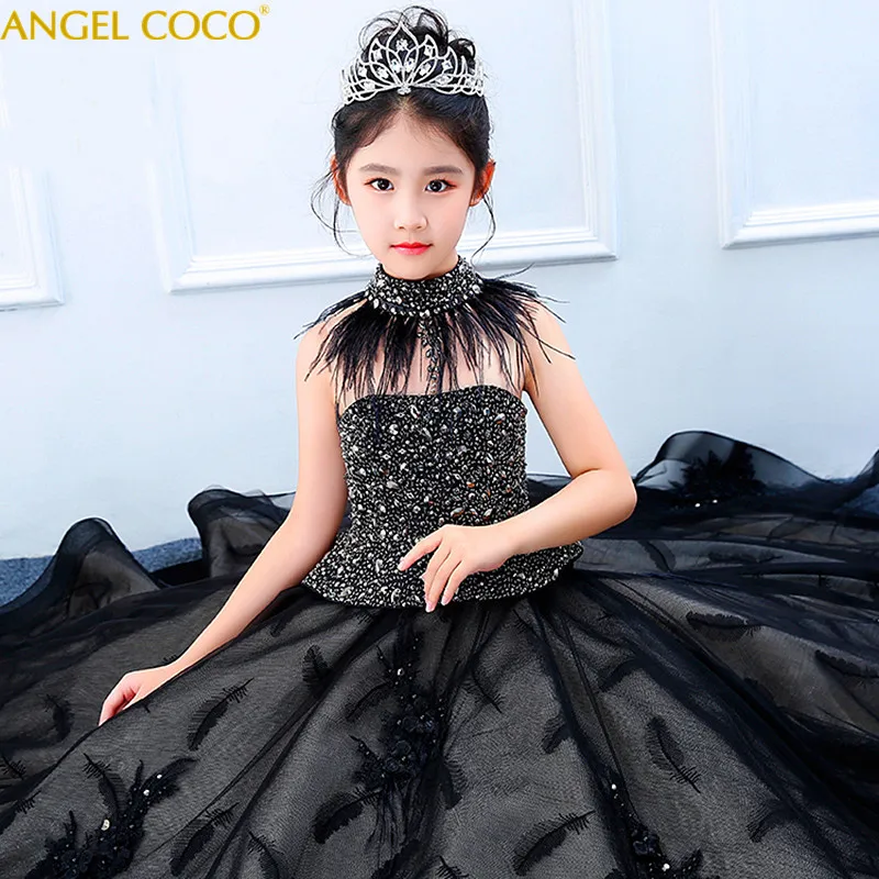 

Girls Shiny Princess Dress Evening Gown Autumn Winter Models Show Black Feather Children's Costume Teenager Prom Designs Cloths