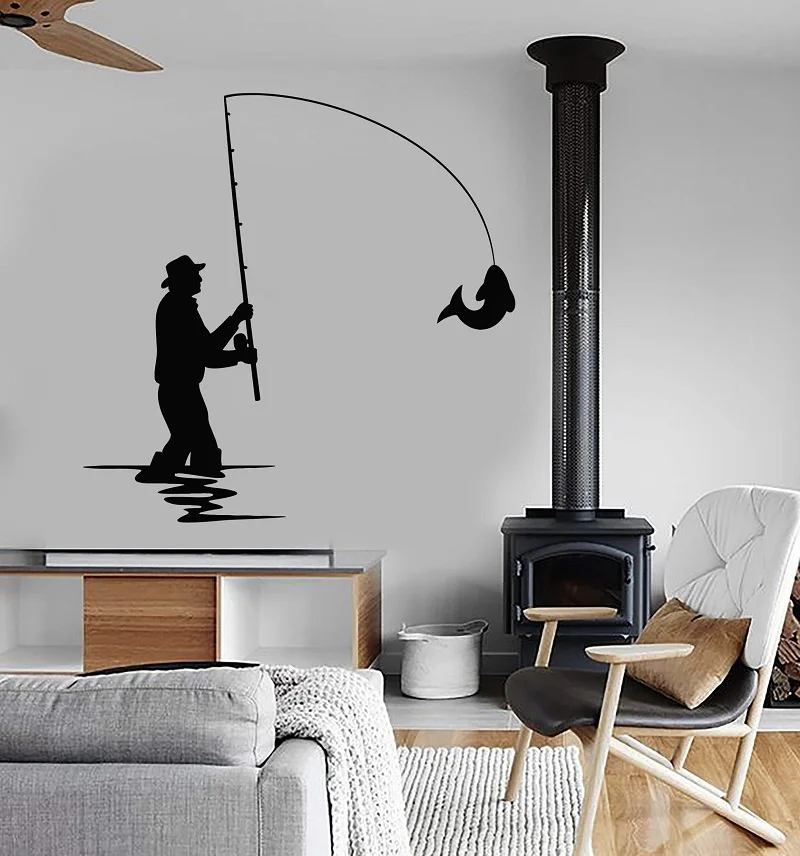 

Home Decor Vinyl Wall Decal Fishing Rod Club Fisherman Silhouette Fish Sticker Decal Interior Wallpaper 2KN5