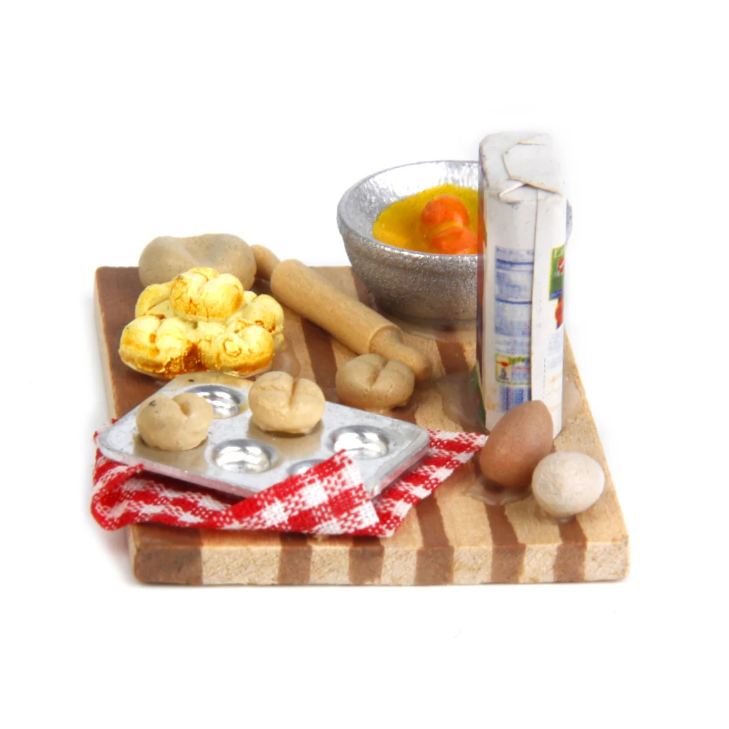 Colorful 1 Set 1/12 Dollhouse Miniature Kitchen Food Eggs Milk Bread on Board for Kids Role Play Game Tableware Cookware