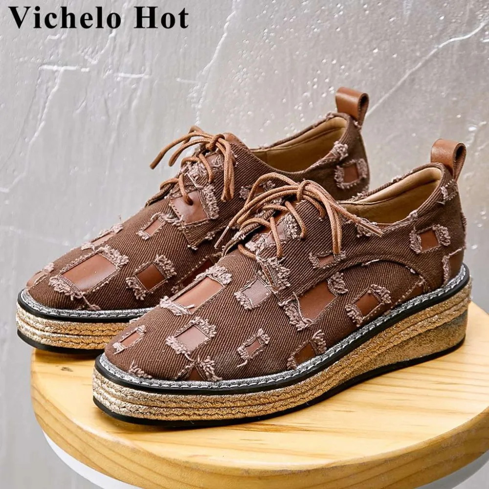 

Vichelo Hot vintage British style med heels square toe lace up patchwork straw decoration cowboy handsome girls women pumps L10