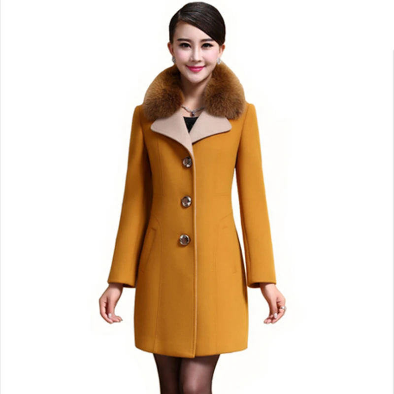 High Quality 2015 New Fashion Winter Wool Coat Women Long Sleeve Yellow