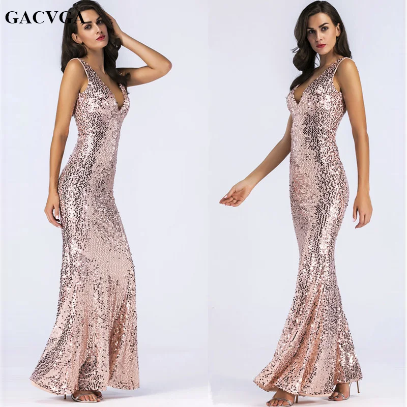 

GACVGA 2019 Autumn Winter Sexy Deep V Neck Sequined Dress Women Sleeveless Slim High Waist Dresses Club Evening Party Vestidos