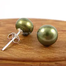 Жемчужные ювелирные изделия-AAA 8-8,5 мм оливковый цвет натуральный пресноводный жемчуг серьги-гвоздики