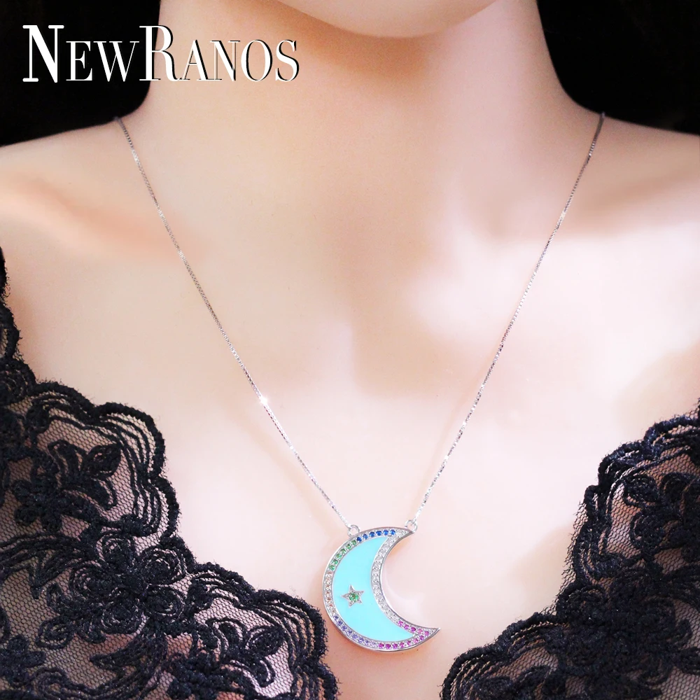 

Newranos Prata 925 Colar Crescent Moon Necklace Colorful CZ Zirconias Statement Pendant Necklace for Women Jewelry NYX0031282