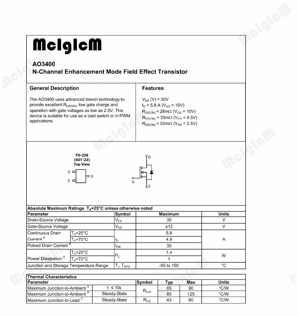 MCIGICM AO3400A 100 шт. n-канал 30 в 5.7A(Ta) 1,4 Вт(Ta) SMD mosfet транзистор SOT-23 поверхностного монтажа SOT-23-3L AO3400