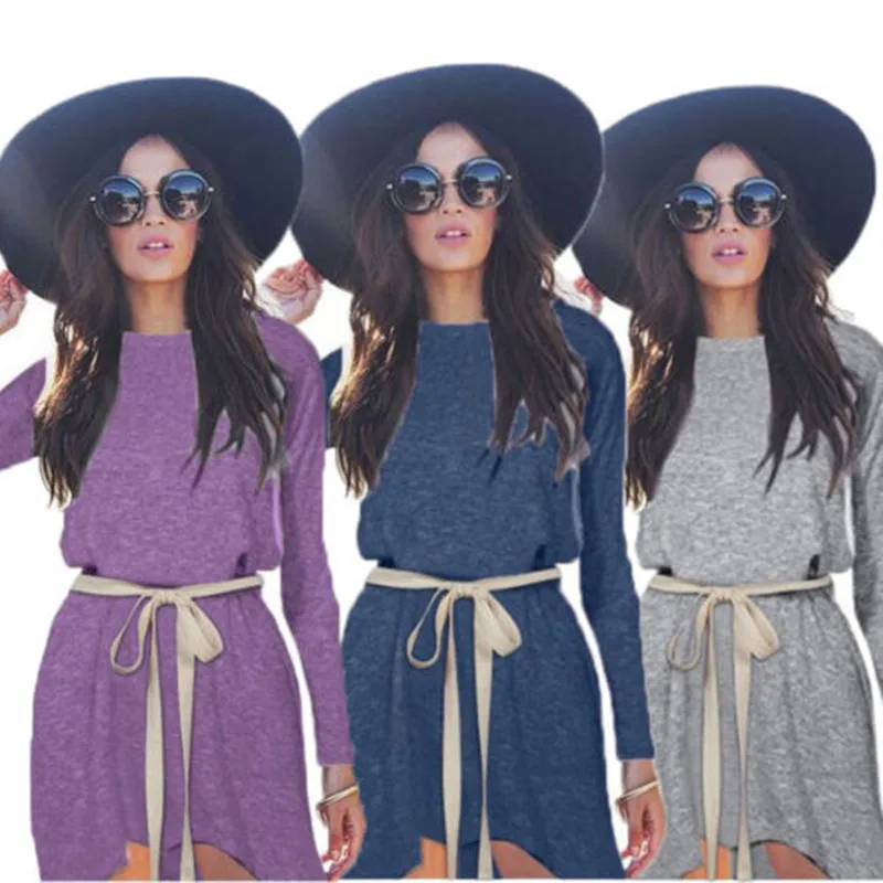 Fashion Women Long Sleeve Solid Cotton Dress Casual Loose Women's