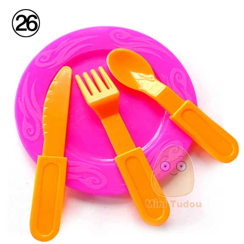 Minitudou еда детская кухня Дети еды Кухонные игрушки Ролевые игры кухонный гарнитур части пищевого пластика, игрушки Миниатюрный торт гамбургеры печенье детей развивающие игрушки - Цвет: Plate knives fork