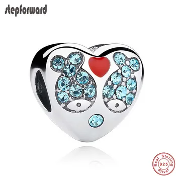 

STEP FORWARD Fashion Blue Stone Paving Fish 925 Real Siver Double Fish Heart Design Charm For Famous European Chain Or Necklace