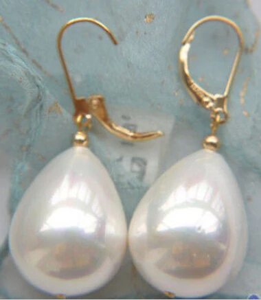

hj 00388 PERFECT 12X16MM WHITE SOUTH SEA SHELL PEARL DANGLE EARRING 14K