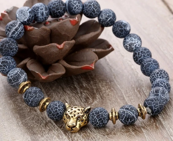 

8mm elastic thread Reiki Buddha Prayer Yoga Bracelet cbh44 adjusted black weathered bead agate Leopard head Bangles