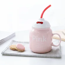 Kreative keramik becher mit deckel löffel schöne kaffeetasse lustige Stroh keramik tasse reisebecher kinder Geschenk 400 ml