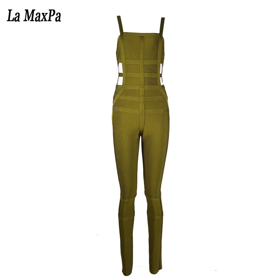 

2019 New Woman Black Green Spaghetti Strap Jumpsuit Hollow Out Celebrity Evening Party Bodysuit Autumn Bandage Jumpsuit