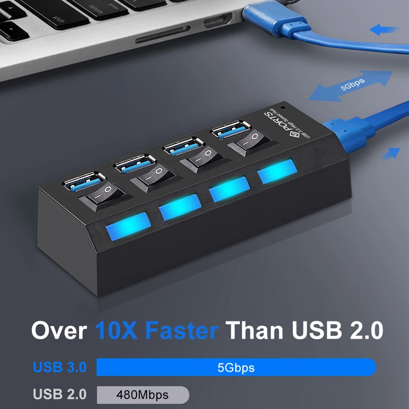 USB 3.0 HUB 2.0 HUB Multi USB répartiteur 4/7 Port expanseur Multiple USB 3  Hab utiliser adaptateur d'alimentation USB3.0 Hub avec commutateur pour PC, ✓ Meilleur prix au Maroc et ailleurs