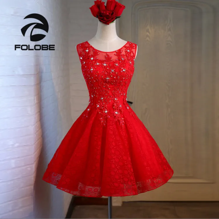 FOLOBE/3 цвета, женское кружевное платье для девочек, элегантное винтажное Плиссированное бальное платье с аппликацией из бисера, вечернее платье, торжественное платье - Цвет: Красный