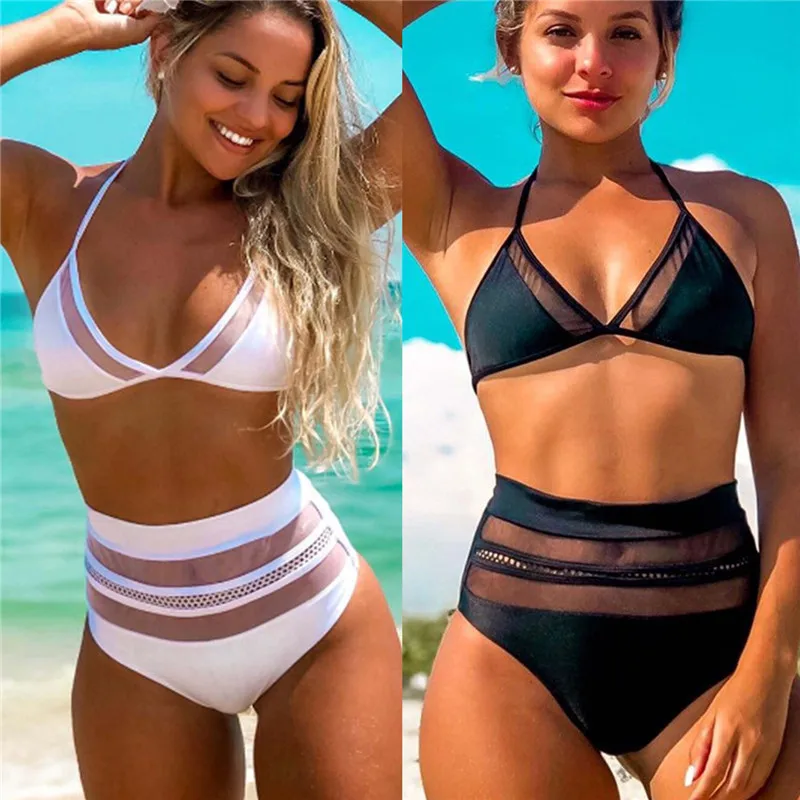 

High Waist Bikini 2019 Sexy White Mesh Strappy Biquini Bathing Suit Women Swimsuit Thong Black Patchwork Swimwear Women Bikini