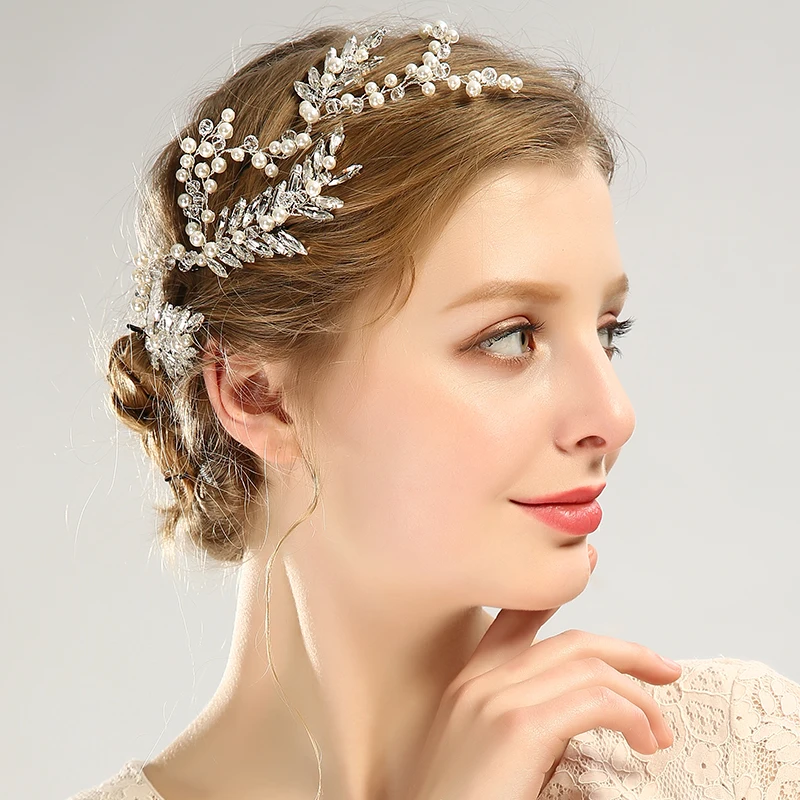Luxury Silver Gold Wedding Hair Ornaments Pearl Crystal Tiara Headbands