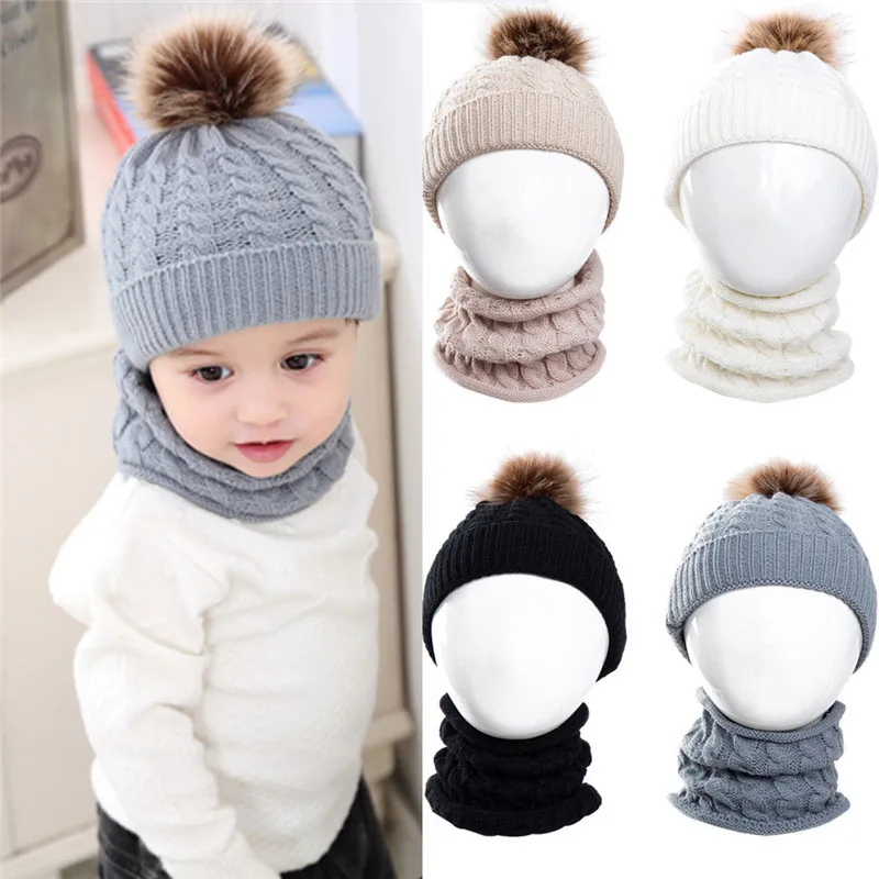 

Fashion Baby Boys Girls Children Winter Cap Knitted Warm Hat and Scarf Set 2PCS Accessories Hot White Grey Black Beige