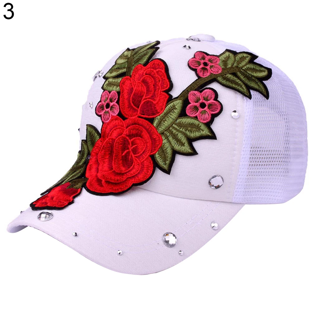 Роза, вышивка Цветочная Bling бейсбольная кепка со стразами Snapback Женская солнцезащитная Кепка