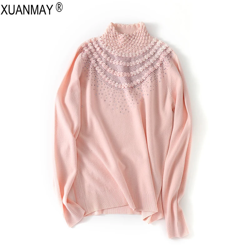 Autumn Vintage Style High-neck Women's Sweater Fashion Embroidered Decoration 2021 New Pink Bottoming shirt | Женская одежда