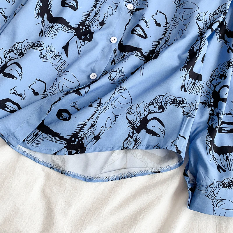Женская блузка с принтом Neploe, лето, новинка, отложной воротник, длинный рукав, блуза, свободная, однобортная, женские рубашки 44595