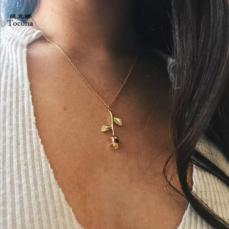 

Tocona Vintage Red Rose Flower Shape Pendant Necklace for Women Trendy Gold Color Charm Necklaces Statement Jewelry 4941