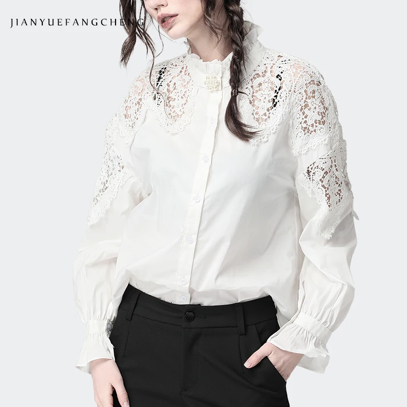

Fashion Women White Blouse Beaded Cotton Top Hollow Out Shoulder Stand Ruffled Collar Long Sleeve Shirts Elegant Office Blouses