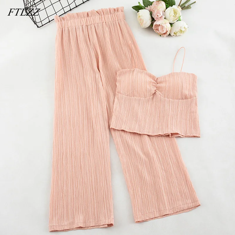 

FTLZZ Women's Suit Summer New Sleeveless Short Crops Tops + Loose High-waist Broad-legged Trousers Two-piece Sets