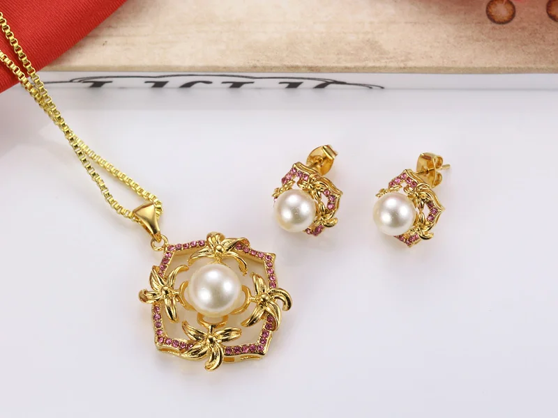 

Jewelry Set 18K Gold Filled 18inch Box Chains Necklace White Pearl Pendant Necklace +Earrings JD010