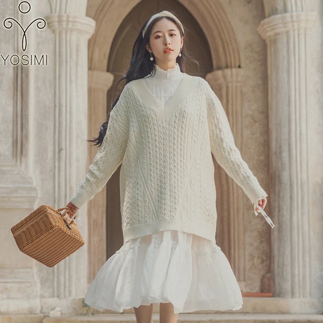 Special Offers YOSIMI 2018 Autumn Winter Women Two-piece Suit Set Vintage Female Dress Long Sleeve Pullover Loose Sweater+chiffon Dress White Special Offers YOSIMI 2018 Autumn Winter Women Two-piece Suit Set Vintage Female Dress Long Sleeve Pullover Loose Sweater+chiffon Dress White