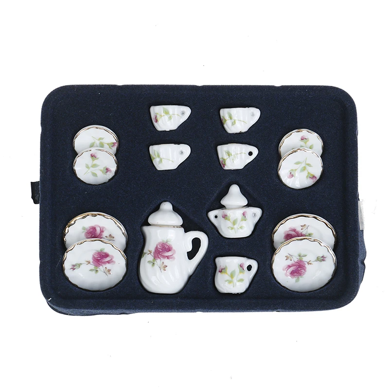 

15PCS Miniature pink Flower Patten Porcelain Coffee Tea Cups Ceramic Tableware Dollhouse Kitchen 1/12 Accessories