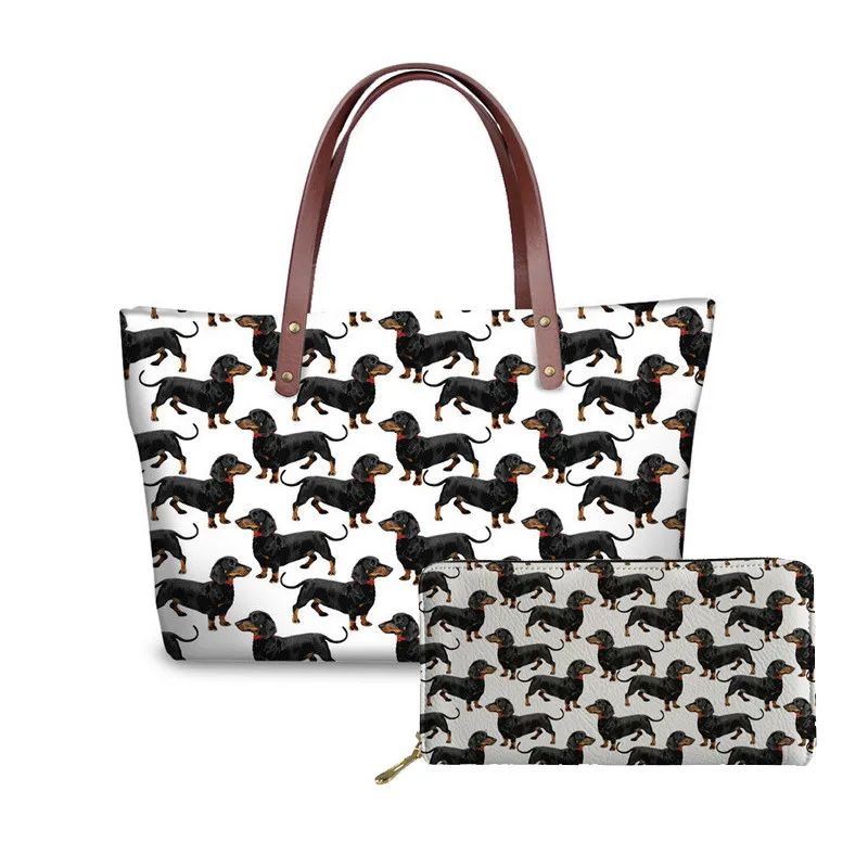 Coloranimal Dachshund Dog Women Large Capacity Handbag 3D Animal Print Brand Design 2Pcs Set Shoulder Bag Lady Leather PU Wallet 