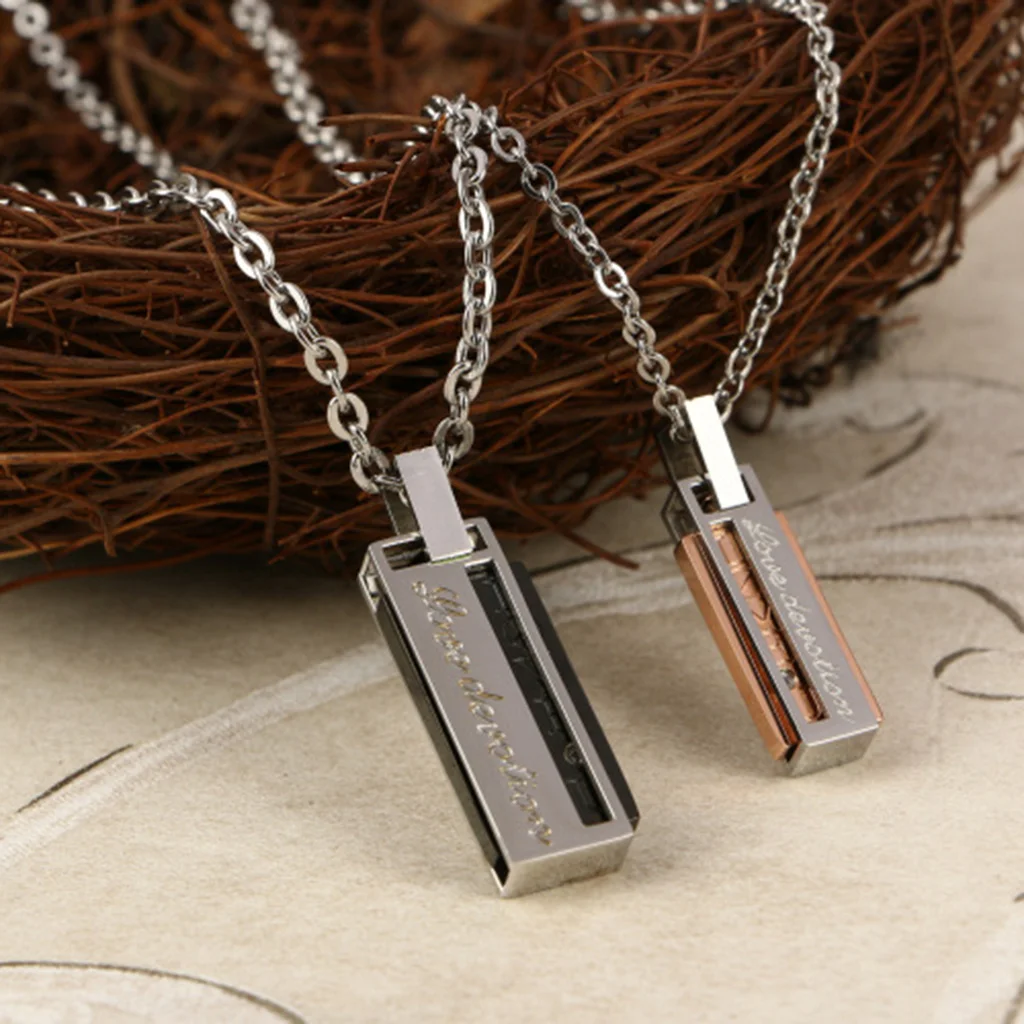 New Titanium Slide Rectangle Couple Pendant Necklace Crystal Link Chain