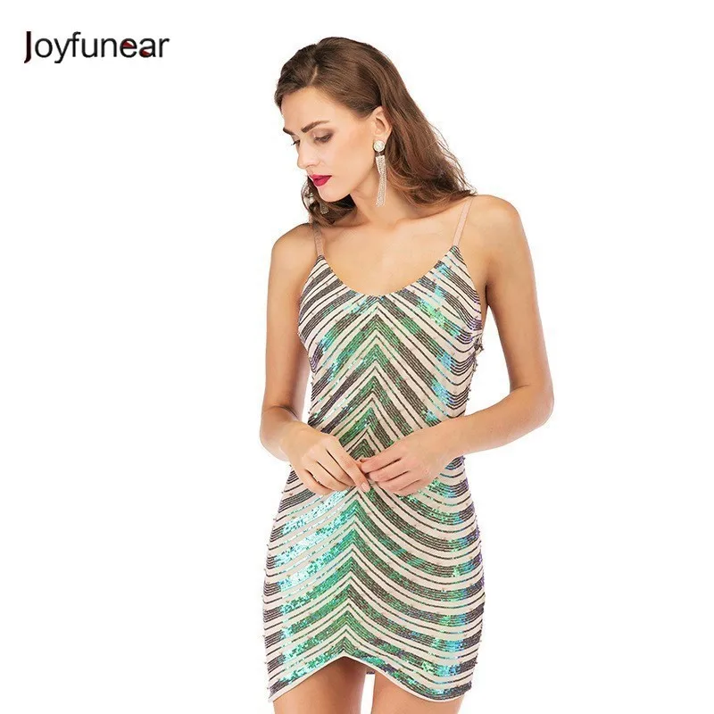 

Joyfunear Green Sequined Dress Spaghetti Strap Backless Short Dress Vestido Sexy Bodycon Women Clothing Fashion Party Dress 2019