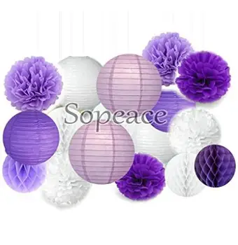 

17 Pcs Mixed White Lavender Dark Purple Tissue Paper Pom Poms Pompoms and Paper Lantern Wedding Birthday Party Baby Room Decor